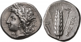 LUCANIA. Metapontion. Circa 330-290 BC. Didrachm or Nomos (Silver, 21 mm, 7.47 g, 3 h). Head of Demeter to left, wearing wreath of grain ears, triple ...