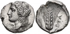 LUCANIA. Metapontion. Circa 330-290 BC. Didrachm or Nomos (Silver, 21 mm, 7.73 g, 2 h). Head of Demeter to left, wearing wreath of grain ears, triple ...