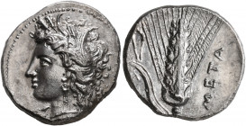 LUCANIA. Metapontion. Circa 330-290 BC. Didrachm or Nomos (Silver, 22 mm, 7.85 g, 1 h). Head of Demeter to left, wearing wreath of grain ears, triple ...
