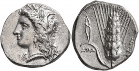 LUCANIA. Metapontion. Circa 330-290 BC. Didrachm or Nomos (Silver, 21 mm, 7.77 g, 10 h). Head of Demeter to left, wearing wreath of grain ears, triple...