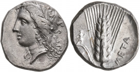 LUCANIA. Metapontion. Circa 330-290 BC. Didrachm or Nomos (Silver, 21 mm, 7.89 g, 2 h). Head of Demeter to left, wearing wreath of grain ears, triple ...