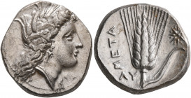 LUCANIA. Metapontion. Circa 330-290 BC. Didrachm or Nomos (Silver, 21 mm, 7.88 g, 9 h). Head of Demeter to right, wearing wreath of grain ears, triple...