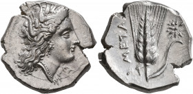 LUCANIA. Metapontion. Circa 330-290 BC. Didrachm or Nomos (Silver, 21 mm, 7.82 g, 4 h). Head of Demeter to right, wearing wreath of grain ears, triple...