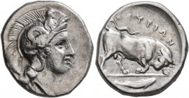 LUCANIA. Thourioi. Circa 400-350 BC. Didrachm or Nomos (Silver, 22 mm, 7.77 g, 6 h). Head of Athena to right, wearing crested Attic helmet adorned, on...