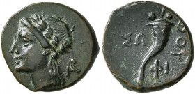 LUCANIA. Thourioi. Circa 280-213 BC. AE (Bronze, 13 mm, 1.39 g, 11 h). Laureate head of Apollo to left; behind, monogram of AP. Rev. ΘOY Cornucopiae; ...