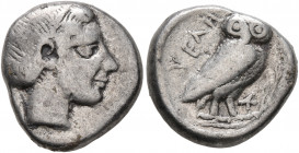 LUCANIA. Velia. Circa 465-440 BC. Drachm (Silver, 15 mm, 4.00 g, 3 h). Head of a nymph to right. Rev. YEΛH Owl standing right on olive branch, head fa...