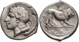 LUCANIA. Velia. Circa 340-334 BC. Didrachm or Nomos (Silver, 22 mm, 7.39 g, 8 h). Head of Athena to left, wearing crested Attic helmet adorned with a ...