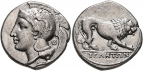 LUCANIA. Velia. Circa 340-334 BC. Didrachm or Nomos (Silver, 21 mm, 7.61 g, 6 h). Head of Athena to left, wearing crested Attic helmet adorned with a ...