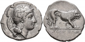 LUCANIA. Velia. Circa 340-334 BC. Didrachm or Nomos (Silver, 23 mm, 7.32 g, 4 h). Head of Athena to right, wearing crested Attic helmet adorned with a...