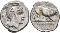 LUCANIA. Velia. Circa 340-334 BC. Didrachm or Nomos (Silver, 23 mm, 7.19 g, 7 h). Head of Athena to right, wearing crested Attic helmet adorned with a...