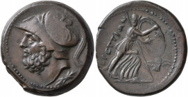 BRUTTIUM. The Brettii. Circa 211-208 BC. Double Unit - Didrachm (Bronze, 28 mm, 16.75 g, 8 h). Bearded head of Ares to left, wearing crested Corinthia...