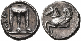 BRUTTIUM. Kroton. Circa 525-425 BC. Diobol (Silver, 9 mm, 0.85 g, 2 h). ϘPO Tripod with three handles and legs ending in lion's paws. Rev. Forepart of...