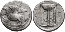 BRUTTIUM. Kroton. Circa 350-300 BC. Didrachm or Nomos (Silver, 22 mm, 7.31 g, 4 h). Eagle with spread wings standing left on olive branch. Rev. KPO Tr...