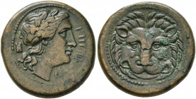 BRUTTIUM. Rhegion. Circa 351-280 BC. AE (Bronze, 21 mm, 6.82 g, 5 h). PHΓINΩN Laureate head of Apollo to right; behind, astragalos. Rev. Facing head o...
