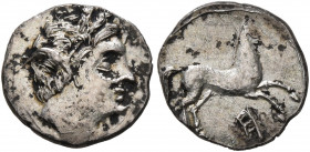 SICILY. Akragas. Punic occupation, 213-211 BC. 1/8 Shekel (Silver, 11 mm, 0.85 g, 4 h). Male head (of Triptolemos?) to right, wearing wreath of grain ...