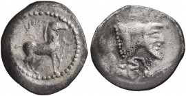 SICILY. Gela. Circa 465-450 BC. Litra (Silver, 13 mm, 0.64 g, 9 h). Bridled horse standing right, reins trailing from mouth; above, wreath. Rev. CEΛA ...