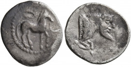 SICILY. Gela. Circa 465-450 BC. Litra (Silver, 12 mm, 0.62 g, 2 h). Bridled horse standing right, reins trailing from mouth; above, wreath. Rev. CEΛA ...