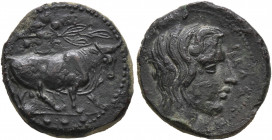 SICILY. Gela. Circa 420-405 BC. Tetras or Trionkion (Bronze, 16 mm, 3.70 g, 3 h). Bull standing right; above, olive branch; in exergue, three pellets ...