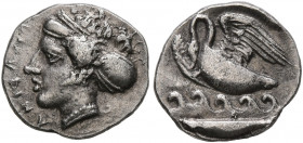 SICILY. Kamarina. Circa 410-405 BC. Litra (Silver, 11 mm, 0.74 g, 1 h). KAMAPINA Head of the nymph Kamarina to left, wearing sphendone decorated with ...