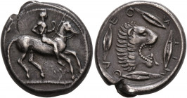 SICILY. Leontini. Circa 476-466 BC. Didrachm (Silver, 22 mm, 9.30 g, 6 h). Nude jockey, holding whip in his right hand and reins in his left, on horse...