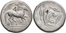 SICILY. Leontini. Circa 476-466 BC. Didrachm (Silver, 21 mm, 8.24 g, 8 h). Nude jockey on horse walking to right. Rev. ΛEONTINON Head of a roaring lio...
