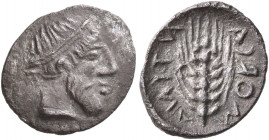 SICILY. Morgantina. Circa 465-459 BC. Litra (Silver, 12 mm, 0.56 g, 3 h). Bearded male head to right, wearing tainia. Rev. MORΓANTINA Grain ear. Erim ...