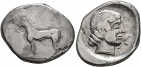 SICILY. Segesta. Circa 455/50-445/40 BC. Didrachm (Silver, 24 mm, 7.69 g, 2 h). The river-god Krimisos, in the form of a hunting dog, standing left. R...