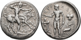 SICILY. Selinos. Circa 455-440 BC. Didrachm (Silver, 23 mm, 8.37 g, 4 h). Σ-E-ΛI-N-ONT-IO-Σ Herakles standing right, holding club overhead in his righ...