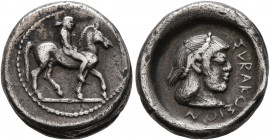 SICILY. Syracuse. Deinomenid Tyranny, 485-466 BC. Drachm (Silver, 15 mm, 4.26 g, 11 h), circa 485-470. Nude horseman riding to right. Rev. ΣYRAKOΣION ...