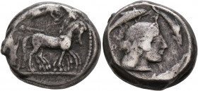 SICILY. Syracuse. Deinomenid Tyranny, 485-466 BC. Tetradrachm (Silver, 23 mm, 17.24 g, 4 h), circa 475-470. Charioteer driving quadriga walking to rig...