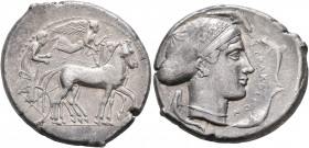 SICILY. Syracuse. Second Democracy, 466-405 BC. Tetradrachm (Silver, 30 mm, 17.17 g, 11 h), circa 430. Charioteer driving quadriga walking to right, h...