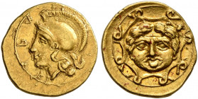 SICILY. Syracuse. Second Democracy, 466-405 BC. 10 Litrai (Gold, 10 mm, 0.66 g, 11 h), circa 406/5. ΣYΡΑ Head of Athena to left, wearing crested Attic...