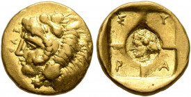 SICILY. Syracuse. Dionysios I, 405-367 BC. 20 Litrai or Tetradrachm (Gold, 10 mm, 1.14 g, 1 h), circa 405-400. ΣΥΡ[A] Head of Herakles to left, wearin...