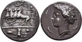SICILY. Syracuse. Dionysios I, 405-367 BC. Dekadrachm (Silver, 38 mm, 41.24 g, 9 h), signed by Euainetos, circa 405-400. Charioteer driving quadriga g...