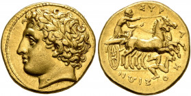 SICILY. Syracuse. Agathokles, 317-289 BC. 50 Litrai or Dekadrachm (Gold, 16 mm, 4.27 g, 9 h), circa 317-310. Laureate head of Apollo to left. Rev. ΣYP...