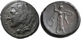SICILY. Syracuse. Pyrrhos, 278-276 BC. AE (Bronze, 25 mm, 12.20 g, 5 h). ΣYPAKOΣIΩN Head of Herakles to left, wearing lion skin headdress; to right, c...