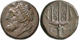 SICILY. Syracuse. Hieron II, 275-215 BC. AE (Bronze, 22 mm, 9.38 g, 7 h). Diademed head of Poseidon to left. Rev. IEP-ΩNOΣ Ornate trident head flanked...