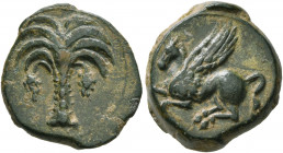 CARTHAGE. Circa 400-350 BC. AE (Bronze, 16 mm, 4.10 g, 1 h), uncertain mint in Sicily. Palm tree with two date clusters. Rev. Pegasos flying left. HGC...