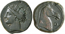 CARTHAGE. Circa 300-264 BC. Shekel (?) (Bronze, 21 mm, 5.51 g, 10 h), Sardinian mint (?). Head of Tanit to left, wearing wreath of grain ears, pendant...