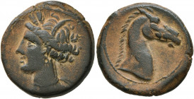 CARTHAGE. Circa 300-264 BC. Shekel (?) (Bronze, 20 mm, 5.36 g, 7 h), Sardinian mint (?). Head of Tanit to left, wearing wreath of grain ears, triple-p...