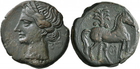 CARTHAGE. Second Punic War. Circa 220-215 BC. Trishekel (Bronze, 29 mm, 14.29 g, 12 h). Head of Tanit to left, wearing wreath of grain ears, pendant e...