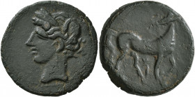 CARTHAGE. Second Punic War. Circa 215-201 BC. Shekel (Bronze, 22 mm, 7.08 g, 1 h). Head of Tanit to left, wearing wreath of grain ears and single-pend...