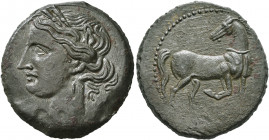 CARTHAGE. Second Punic War. Circa 203-201 BC. 1 1/2 Shekel (Billon, 25 mm, 8.72 g, 12 h). Head of Tanit to left, wearing wreath of grain ears, pendant...