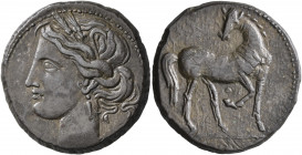 CARTHAGE. Second Punic War. Circa 203-201 BC. 1 1/2 Shekel (Billon, 24 mm, 9.44 g, 12 h). Head of Tanit to left, wearing wreath of grain ears, pendant...