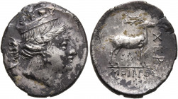 TAURIC CHERSONESOS. Chersonesos. Circa 110-90 BC. Drachm (Subaeratus, 20 mm, 3.85 g, 12 h), Moirios, magistrate. Turreted head of Artemis to right, wi...