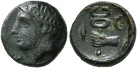 THRACE. Ainos. 4th century BC. Chalkous (Bronze, 11 mm, 1.36 g, 10 h). Head of Hermes to left, wearing petasos. Rev. Human hand holding kerykeion; to ...