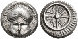 THRACE. Mesambria. 4th century BC. Obol (Silver, 10 mm, 1.22 g). Facing crested Corinthian helmet. Rev. M-E-T-A within wheel of four spokes. SNG Stanc...