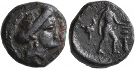 ISLANDS OFF THRACE, Imbros. Circa 350-300 BC. AE (Bronze, 13 mm, 2.71 g, 11 h). Female head to right. Rev. Ithyphallic Orthanes advancing right, holdi...