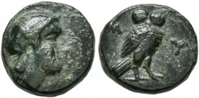ISLANDS OFF THRACE, Lemnos. Myrina. Circa 300 BC. Chalkous (Bronze, 10 mm, 1.33 g, 9 h). Head of Athena to right, wearing crested Attic helmet. Rev. M...