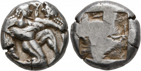 ISLANDS OFF THRACE, Thasos. Circa 500-480 BC. Stater (Silver, 19 mm, 9.84 g). Nude ithyphallic satyr, with long beard and long hair, moving right in '...